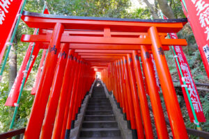 An long archway made up of a series of red gates, known as torii.