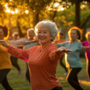 Group of smiling people doing tai chi outdoors