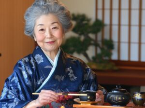 Smiling Japanese woman with chopsticks and bowls of food